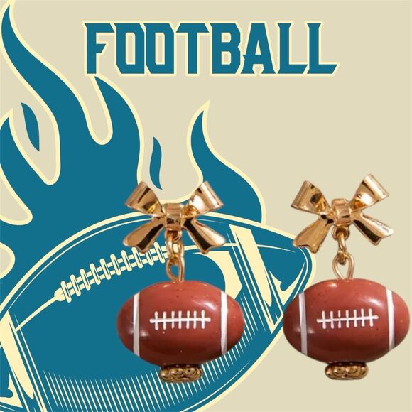 NWT Unique Vintage Style Brown Football Golden Bow Drop Earrings - Picture 2 of 6